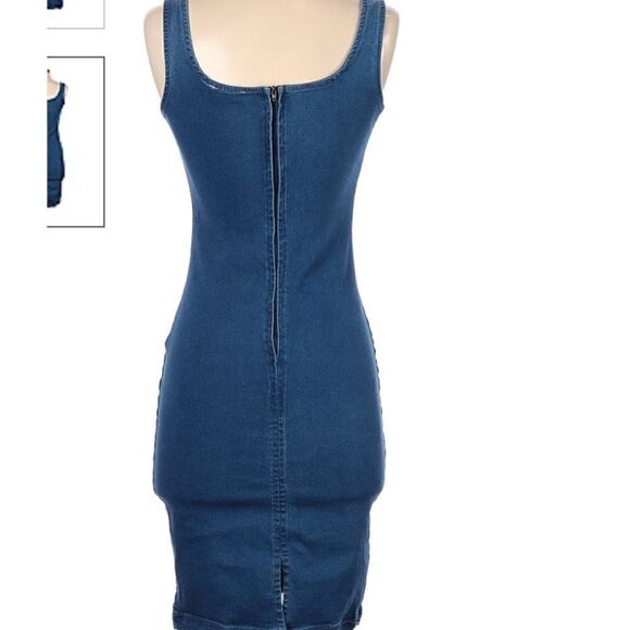 RETROD Dress sleeveless denim stretchy back zip kick pleat Bodycon fitted medium - Picture 2 of 16